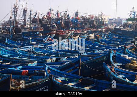 ESSAOUIRA, MAROKKO - 29. SEPTEMBER. 2011: Unzählige blaue Fischerboote zusammen in einem völlig überfüllten Hafen drückte Stockfoto