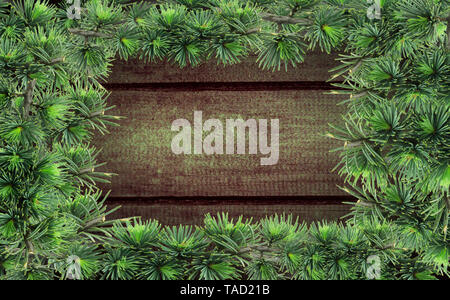 Holz- Hintergrund mit Weihnachtsbaum Zweige - Abbildung Stockfoto