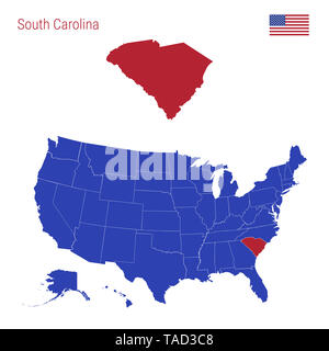 Der Staat South Carolina ist rot markiert. Blaue Karte der Usa, eingeteilt in verschiedene Staaten. Karte der USA. Stockfoto
