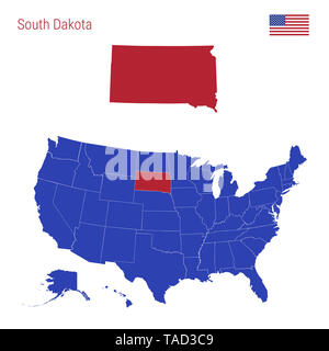 Den Zustand von South Dakota ist rot markiert. Blaue Karte der Usa, eingeteilt in verschiedene Staaten. Karte der USA. Stockfoto