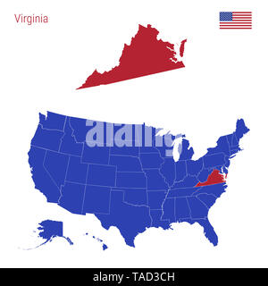 Der Staat Virginia ist rot markiert. Blaue Karte der Usa, eingeteilt in verschiedene Staaten. Karte der USA in einzelnen Staaten. Stockfoto