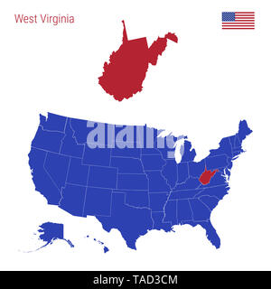 Der Zustand von West Virginia ist rot markiert. Blaue Karte der Usa, eingeteilt in verschiedene Staaten. Karte der USA. Stockfoto