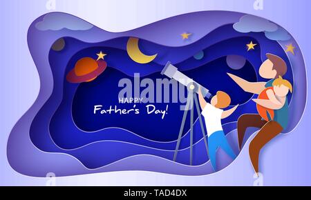 Mann mit schlafenden Tochter und Sohn gesucht durch Teleskop. Gerne Vater s Tag Karte. Papier schneiden Stil. Vector Illustration Stock Vektor