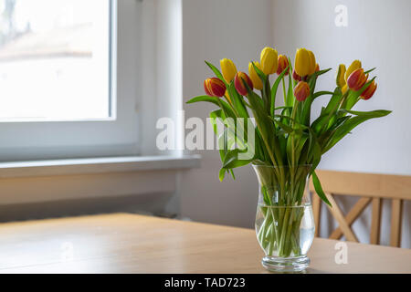 Blumenstrauß aus roten und gelben Tulpen auf Esstisch Stockfoto