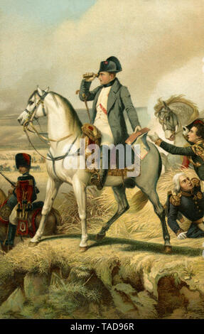 Napoleon Bonaparte zu Pferd in der Schlacht bei Wagram, Juli 1809. Malerei nach H. Vernet (Detail), (Postkarte) Stockfoto