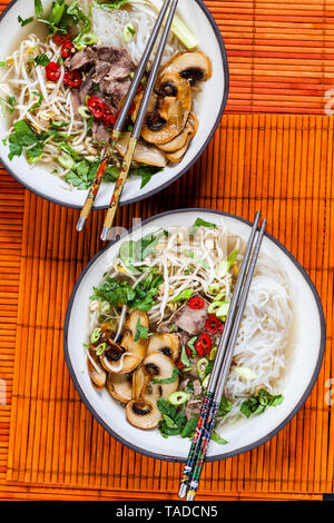 Reis vietnamesische Nudelsuppe mit Pilzen und Rindfleisch Stockfoto