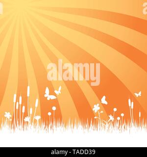 Garten Hintergrund mit Wiese, Blumen und Schmetterlinge in Sunrise Vector Illustration Stock Vektor