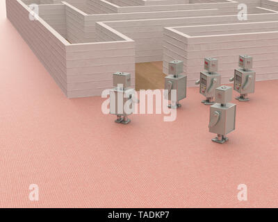 3D-Rendering, Spielzeug Roboter am Eingang eines Labyrinths Stockfoto