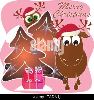Frohe Weihnachten cartoon Grußkarte. Weihnachten Grußkarten mit Rotwild und Eule. Rentier und Eule cartoon Vector Illustration. Stock Vektor