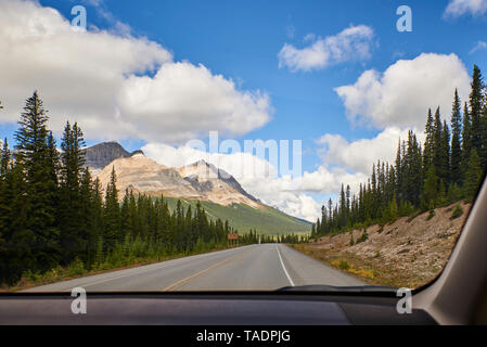 Kanada, Alberta, Jasper National Park Banff National Park, Icefields Parkway, Straße und Landschaft durch Windschutzscheibe Stockfoto