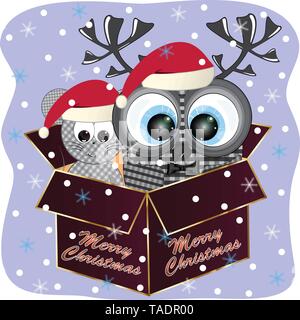 Frohe Weihnachten Grußkarten mit Eule und Maus. Eule und Maus in einer Geschenkbox Cartoon Illustration. Eule und Maus cartoon Vector Illustration. Stock Vektor