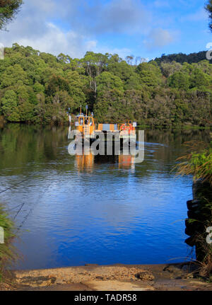 Die Fähre bei Corinna im Tarkine Wildnis in Tasmanien Australien trägt der gesamten Pieman River. Stockfoto