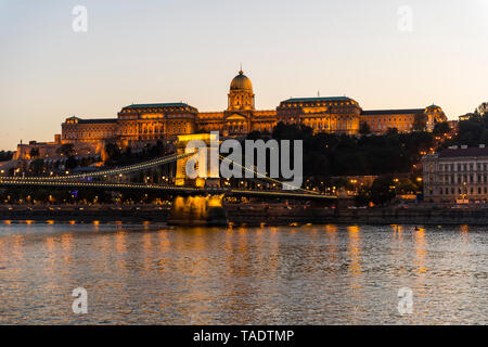 Ungarn, Budapest, Schloss Buda und die Kettenbrücke in der Dämmerung Stockfoto