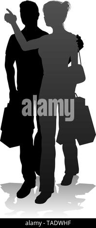 Junge Paar Einkaufen Silhouetten Stock Vektor