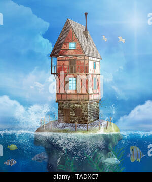 Fantasy House in einem blauen Meer Landschaft mit bunten Fischen Stockfoto