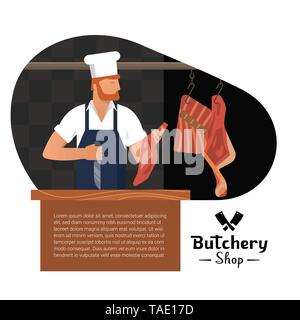 Vector Illustration Logo für einen Metzger Shop mit einem bärtigen Metzger bei der Arbeit. Stock Vektor