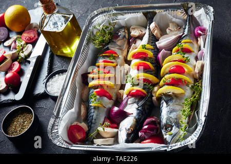 In der Nähe von drei ganze rohe Makrele mit Zitronen, Tomaten, Pilze, Gewürze und Kräuter. scomber zum Grillen in Aluminium Backform auf einem conc vorbereitet Stockfoto