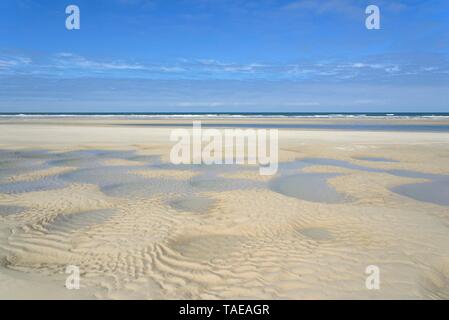 Strand bei Ebbe, Gruben, gefüllt mit Wasser, Sand, Welligkeit, Wangerooge, Ostfriesische Inseln, Nordsee, Niedersachsen, Deutschland Stockfoto