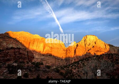 Berg der Sentinel wird von der Morgensonne, sunrise beleuchtet, Zion Canyon, Canyon Junction Brücke, Zion National Park, Utah, USA Stockfoto