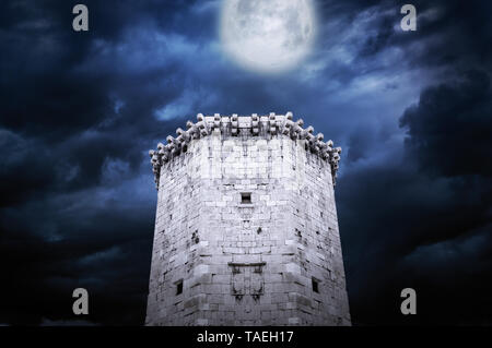 Turm der Burg bei Nacht im Mondschein. Stockfoto