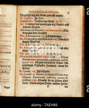 Historisches Kirchenbuch aus Köln, 1637, Dialog auf Deutsch und Lateinisch, Taufe eines Kranken Stockfoto