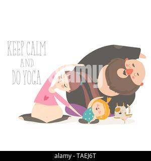 Familie Yoga. Zeichentrickfiguren tun Asanas auf weißem Hintergrund Stock Vektor