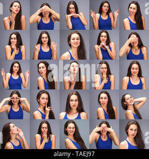 Modell Tests - eine Collage von Emotionen - Portrait einer jungen schöne Brünette Frau auf einem grauen Hintergrund Stockfoto