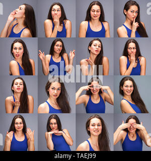 Modell Tests - eine Collage von Emotionen - Portrait einer jungen schöne Brünette Frau auf einem grauen Hintergrund Stockfoto