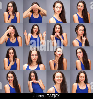 Modell Tests - eine Collage von Emotionen - Portrait einer jungen schöne Brünette Frau auf einem grauen Hintergrund Stockfoto