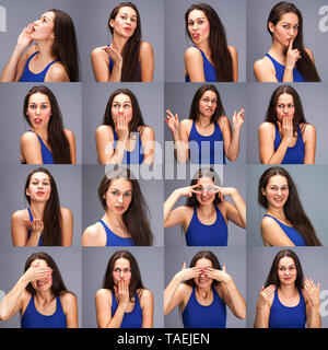 Modell Tests - eine Collage von Emotionen - Portrait einer jungen schöne Brünette Frau auf einem grauen Hintergrund Stockfoto