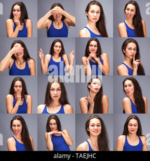 Modell Tests - eine Collage von Emotionen - Portrait einer jungen schöne Brünette Frau auf einem grauen Hintergrund Stockfoto