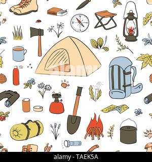 Camping Wandern Symbole farbige Skizze Stil. Camping Ausrüstung vektor Sammlung. Ferngläser, Schüssel, Grill, Laternen, bbq, Rucksack, Zelt, Lagerfeuer Stock Vektor