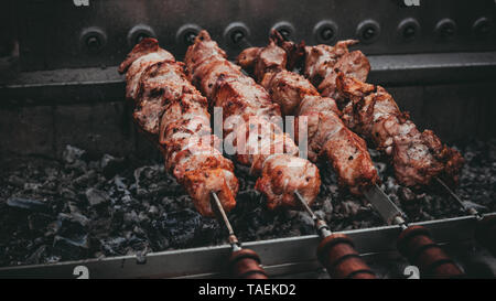 Das Fleisch wird auf Holzkohle close-up im Freien. Street Food. Die Grillsaison Stockfoto