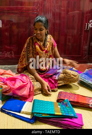 Vertikale Bildnis einer Dame verkaufen Seide Saris und Schals in einem Geschäft in Indien. Stockfoto