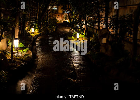 Kyoto, Japan bunte leere Straße Garten in Gion Distrikt in der Nacht mit beleuchteten weiß grün Laternen auf dem Weg Stockfoto