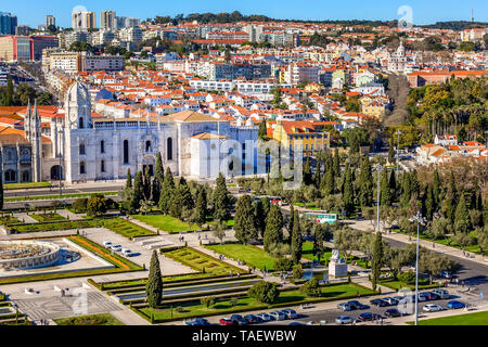 Lissabon, Portugal, Luftaufnahme mit Kloster Jeronimos Kloster oder Hieronymites Stockfoto