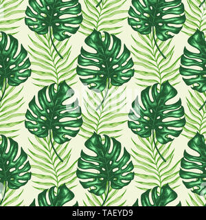 Tropischer Sommer nahtlose Muster mit grünen Palmen Blätter. Hand Hintergrund Stockfoto