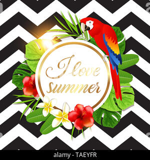 Sommer runde Banner mit tropischen Blumen, grünen Palmen Blätter und Red Parrot auf einem schwarz gestreiften Hintergrund. Stockfoto
