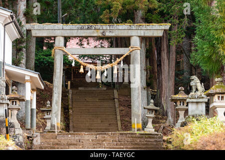 Takayama, Japan Higashiyama walking Kurs in der historischen Stadt in der Präfektur Gifu Torii-tor während des Tages durch Eingang Shinmei Schrein und Stein Laterne Stockfoto