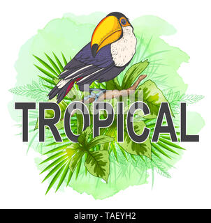 Sommer tropischen Hintergrund mit Palmblättern, toucan Vogel und grünen Aquarell Textur. Abbildung gezeichnet Stockfoto
