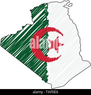 Algerien Karte Hand gezeichnete Skizze. Vektor Konzeption Illustration flag, Kinder Zeichnen, Kritzeln Karte. Land Karte für Infografik, Broschüren und Stock Vektor