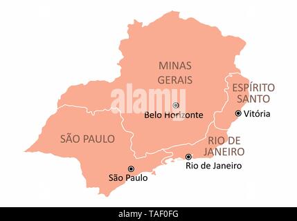 Karte von Brasilien Südost Region auf weißem Hintergrund Stock Vektor
