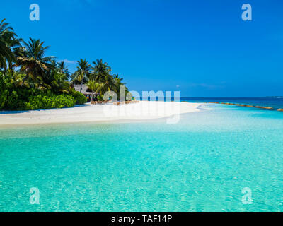 Malediven, Ross Atoll, Strandbar und Sandstrand mit Palmen Stockfoto