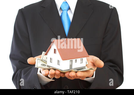 Immobilien Konzept, Geschäftsmann close up, US-Dollar und Haus Stockfoto