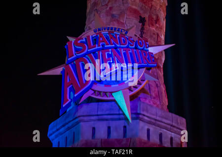 Orlando, Florida. 21. Mai 2019. Insel der Abenteuer anmelden City Walk in Universal Studios Area. Stockfoto