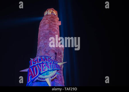 Orlando, Florida. 21. Mai 2019. Blick von oben auf die Insel der Abenteuer anmelden City Walk in Universal Studios Area. Stockfoto