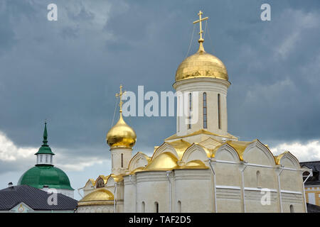 = goldenen Kuppeln der Dreifaltigkeitskathedrale gegen Dunkle Regenwolken= Blick von der Kathedrale der Heiligen Dreifaltigkeit - St. Segius Lavra auf dem schönen goldenen Stockfoto