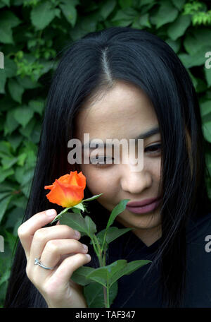 Porträt einer schönen Frau, der asiatischen Aussehen mit einer Blume orange Rose Stockfoto