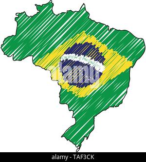 Brasilien Karte Hand gezeichnete Skizze. Vektor Konzeption Illustration flag, Kinder Zeichnen, Kritzeln Karte. Land Karte für Infografik, Broschüren und Stock Vektor