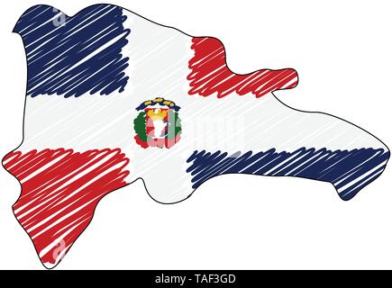 Dominikanische Republik Karte Hand gezeichnete Skizze. Vektor Konzeption Illustration flag, Kinder Zeichnen, Kritzeln Karte. Land Karte für Infografik, Broschüren Stock Vektor